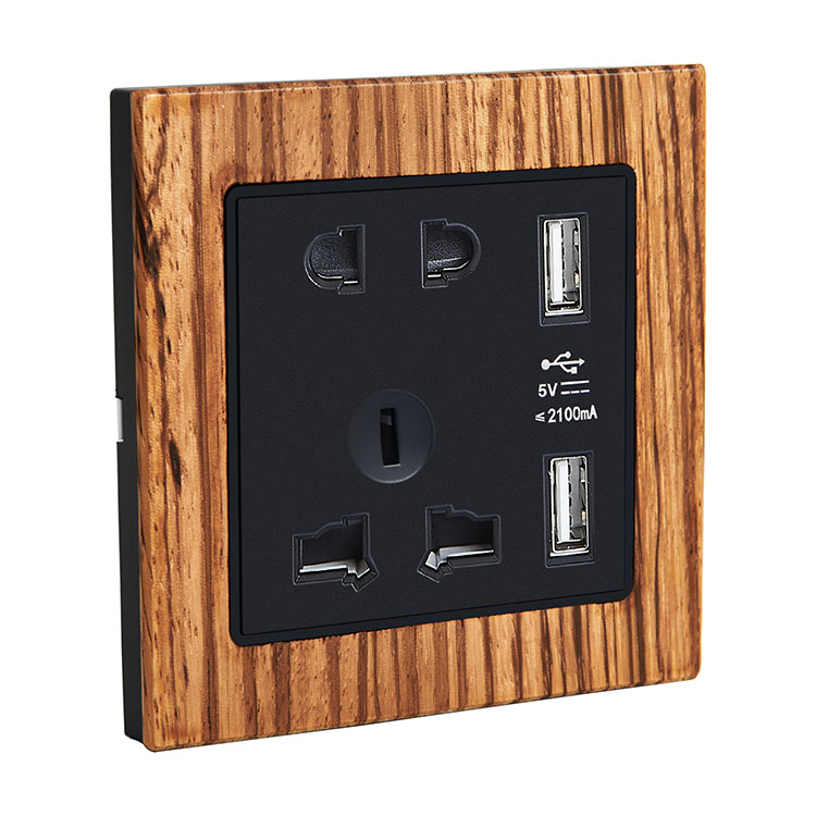 Tomada de interruptor de parede com decoração de madeira universal e USB de 5 pinos